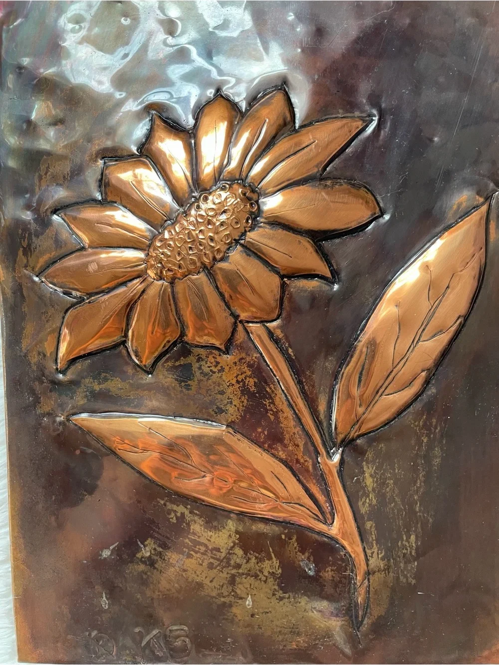 Vintage handmade signed bronze copper emboss 3D sunflower Art decor art